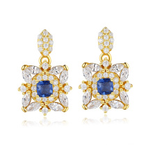 Design Gold Plated Shining Blue CZ S925 Silver Stud Earrings